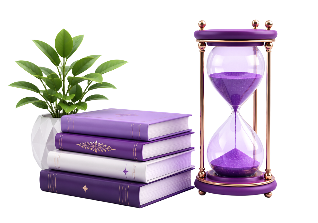 Stacked books beside an hourglass